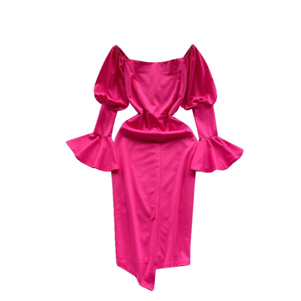 2024 New Early Spring Dress Womens Design Feeling Bubble Flare Sleeves Slim Fit Mid length Irregular Wrapped Hip Skirt