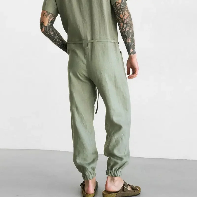 Mens Jumpsuits Linen Summer Leisure Suit Summer Short Sleeve Rompers Overalls Trousers Fashion Mens Joggers 240524