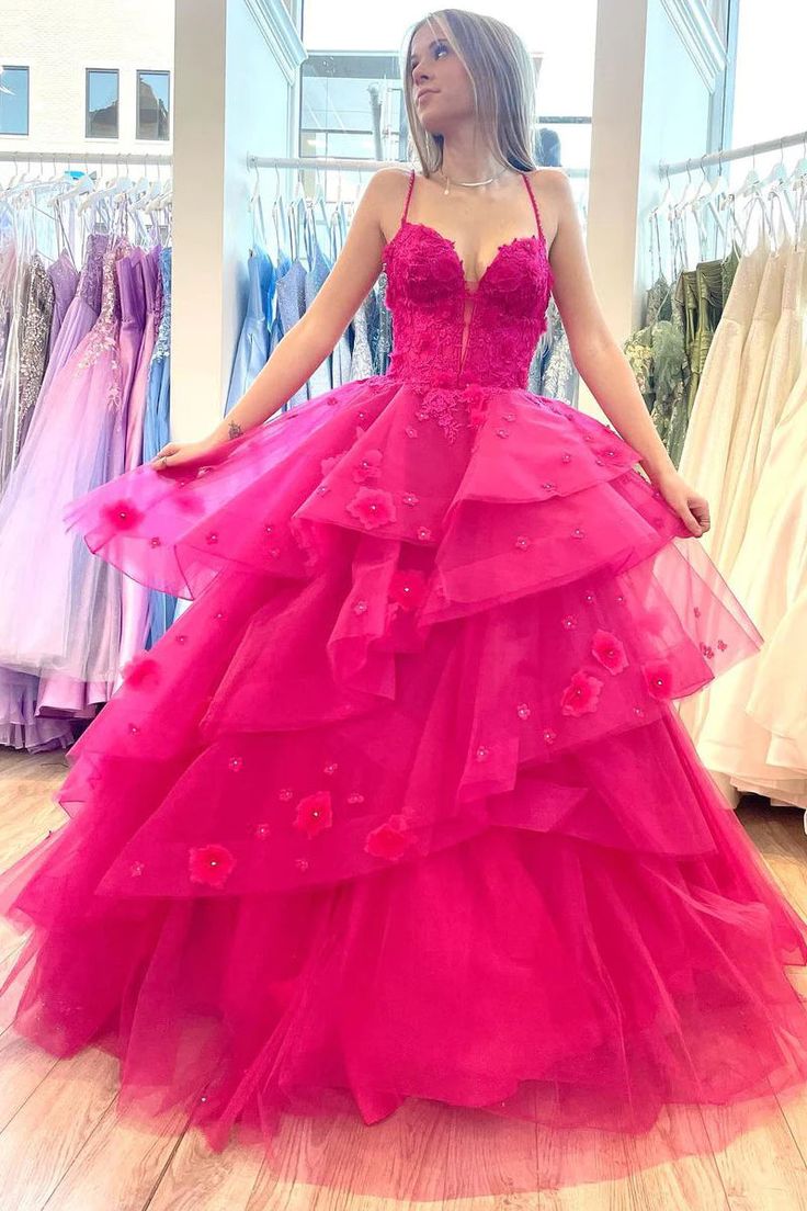 Spaghetti Fuchsia Prom Dresses Ruffle Tiered 3D Floral Appliques Long Tulle Evening Gowns Court Train Open Back Lace-up Sexy Birthday Party Special Oc