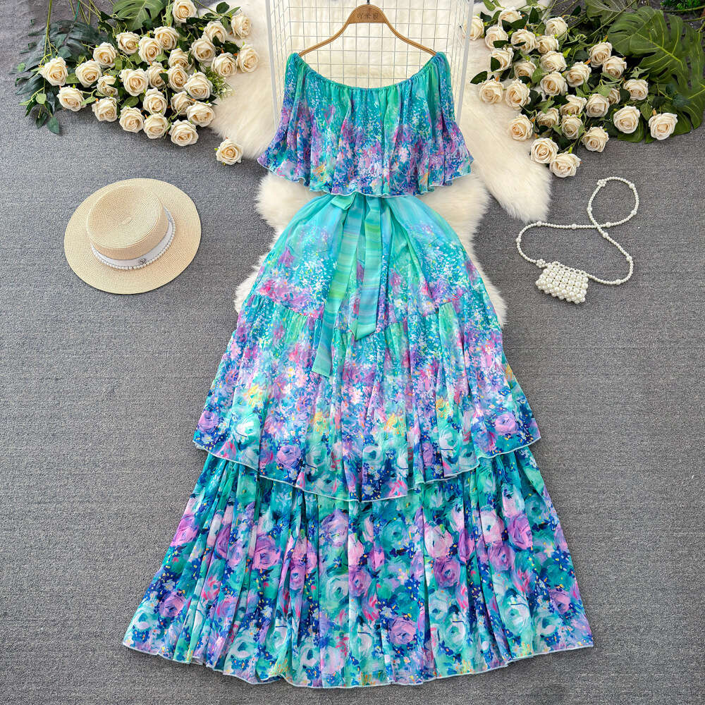 Fashionable and socialite temperament one shoulder off the shoulder waistband slimming appearance A-line cake print dress seaside vacation long dress