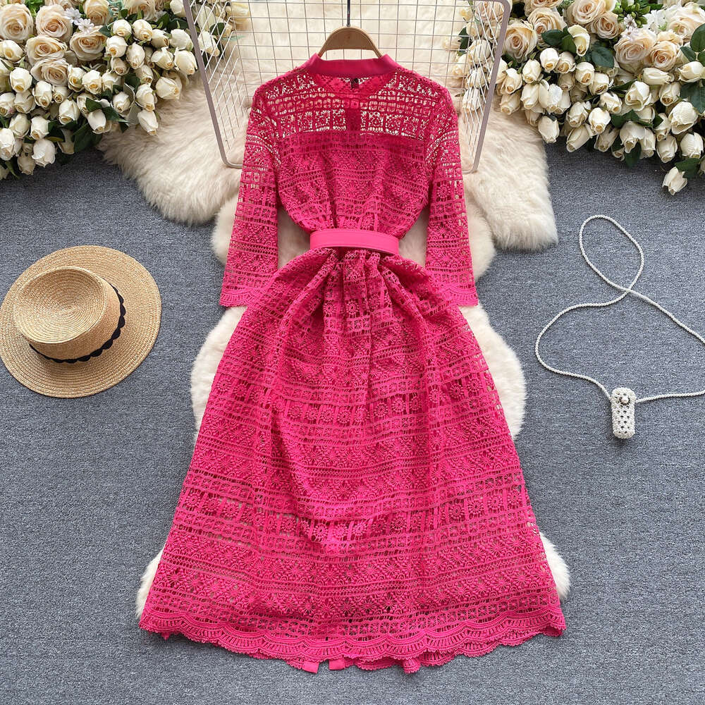 Light mature style womens clothing high-end feeling early spring dress womens design feeling hollowed out lace medium length French formal dress skirt