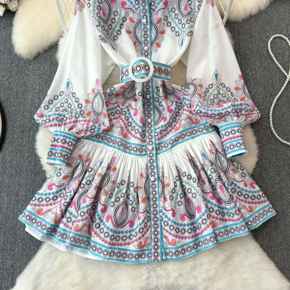 Elegant and Elegant Spring and Autumn Style Lantern Long sleeved Standing Neck with Waist and Slim Appearance Single breasted A-line Positioning Print
