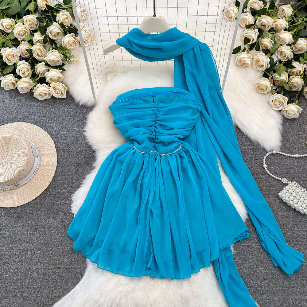 Fashionable socialite temperament sleeveless strapless waist cinching slim and small figure A-line fluffy mesh dress summer dress