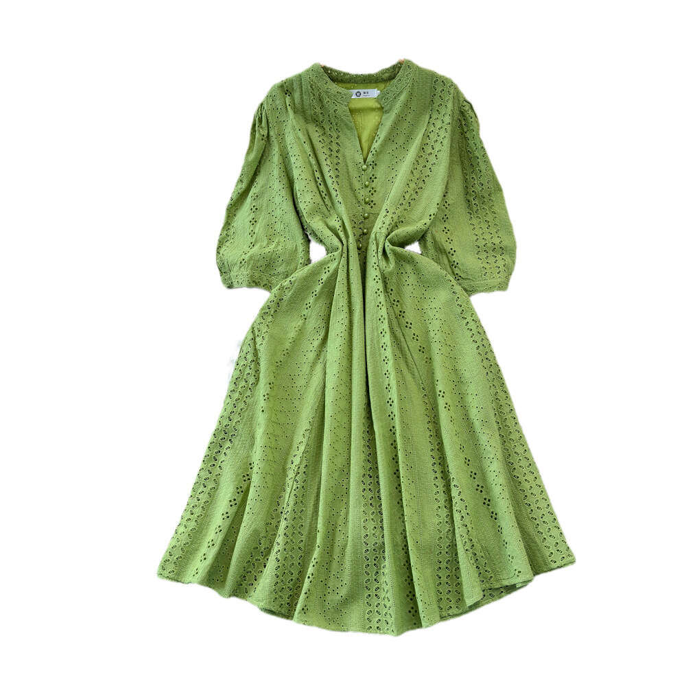 Spring and Autumn Celebrity Elegance Design Sense 5/4 Sleeves V-Neck Slim Waist Show Mid length Hollow A-line Dress