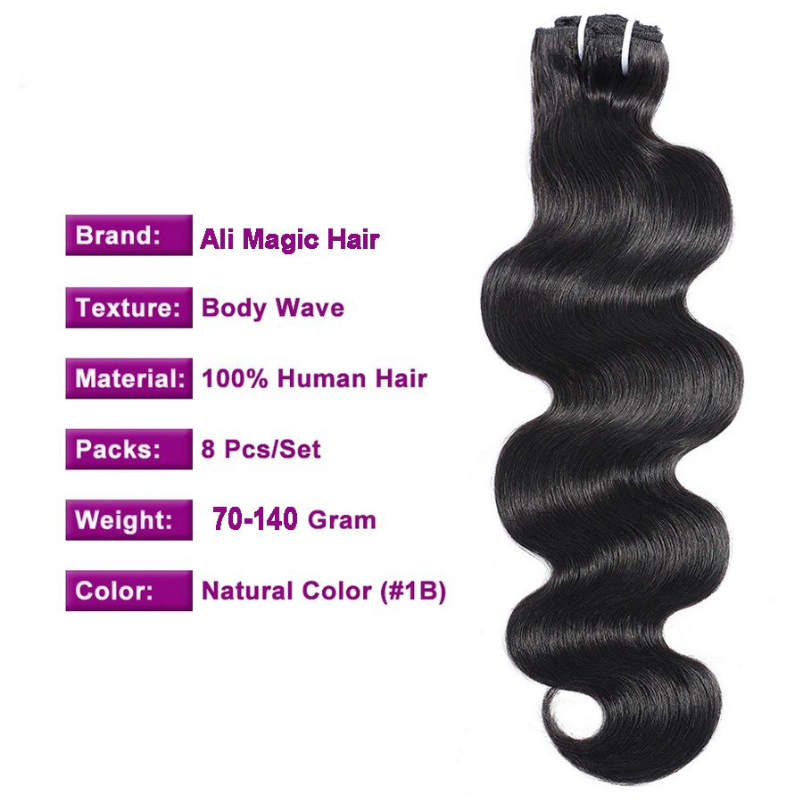 Remy Clip In On Hair Extensions Human Hair Extensions Body wavy Extra Thick Double Weft Natural Black Off Black 8pcs Full Head Weave Brazilian Hair
