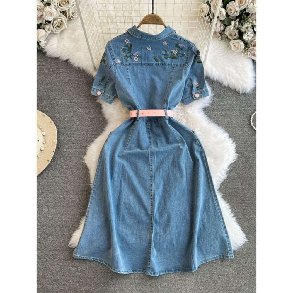 Fashionable socialite temperament embroidered short sleeved lapel with waistband for slimming effect medium length A-line denim shirt dress