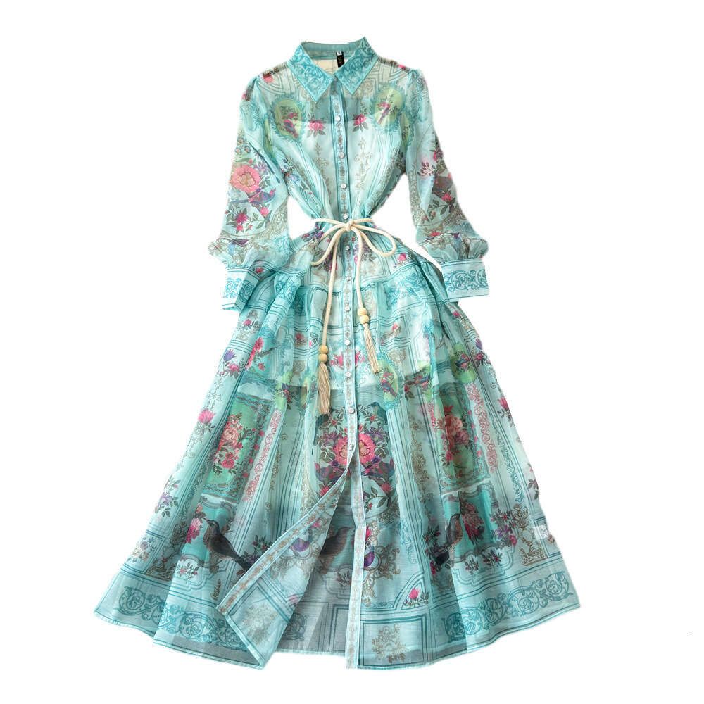 Spring and Autumn Palace Style Lantern Long sleeved Flip Collar Waist Slimming Single breasted A-line Printed Shirt Dress