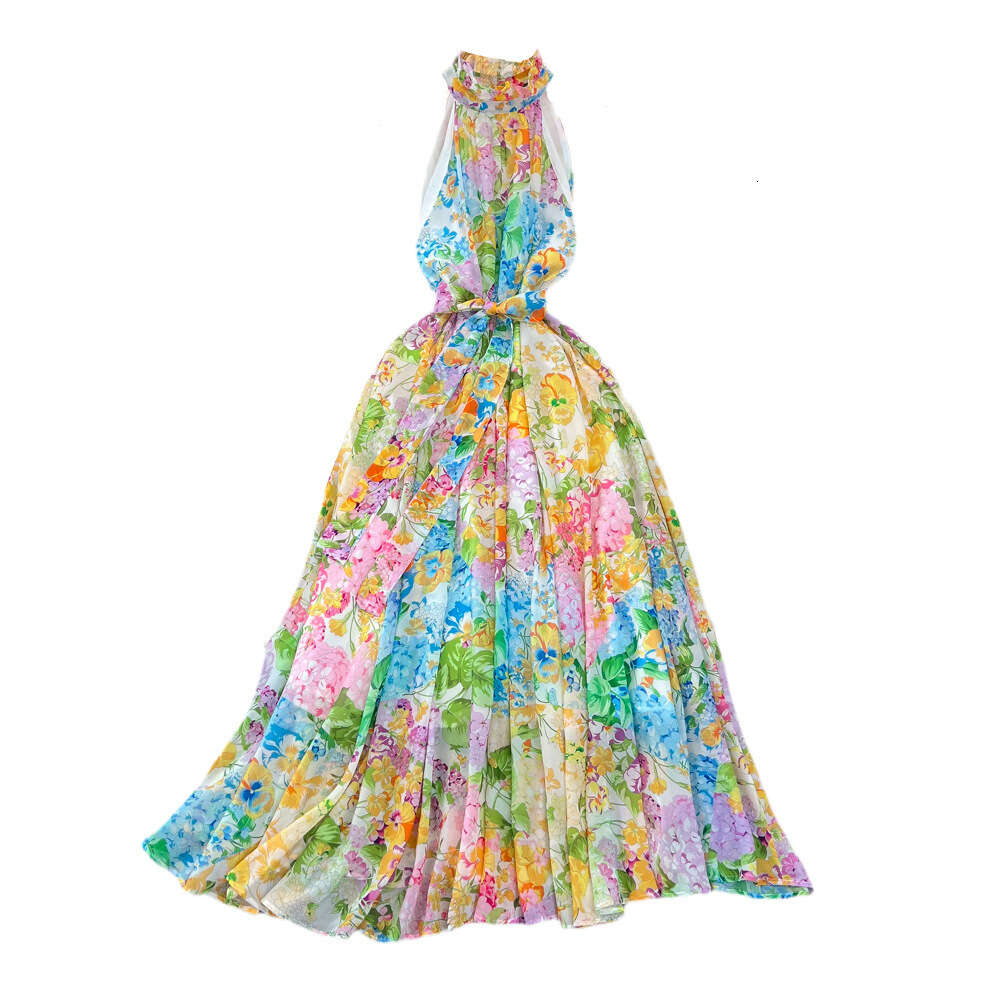 Fashionable bohemian beach skirt for seaside vacation hanging neck off shoulder waist slimming effect A-line printed large hem dress