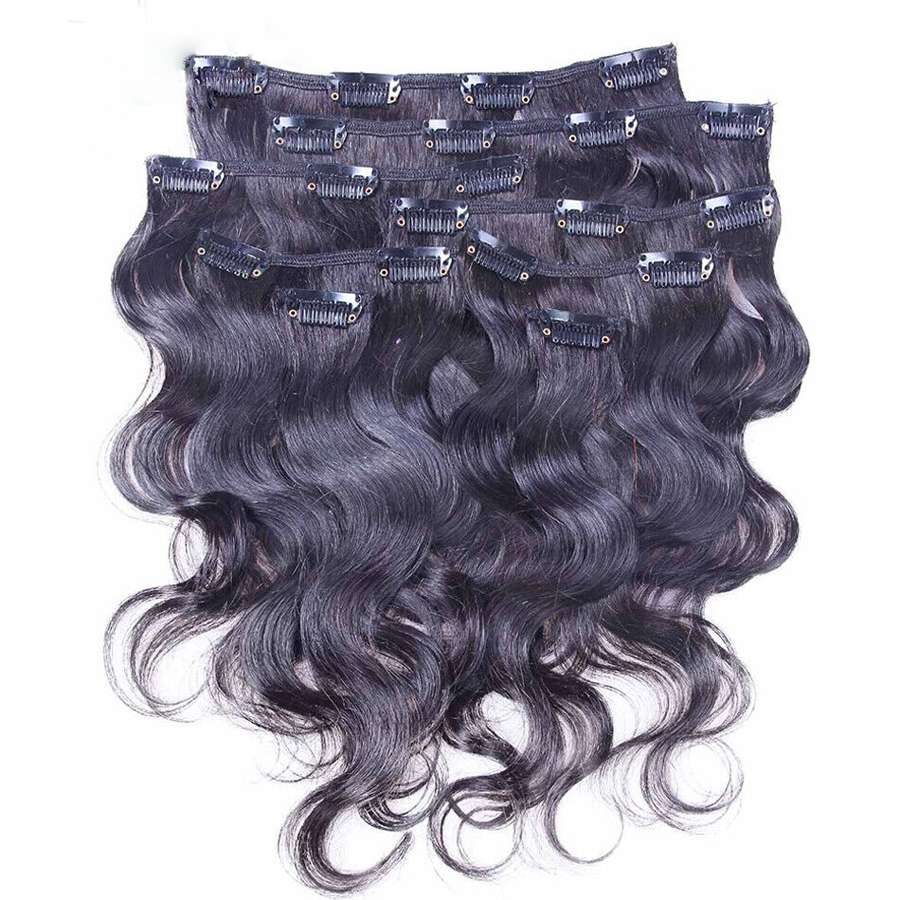 Remy Clip In On Hair Extensions Human Hair Extensions Body wavy Extra Thick Double Weft Natural Black Off Black 8pcs Full Head Weave Brazilian Hair