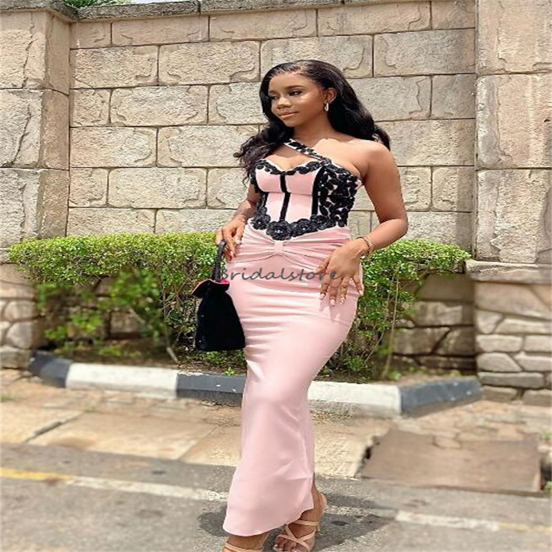 Charming Pink Prom Dresses With Black Lace Elegant Mermaid One Shoulder Midi Evening Dress 2024 Corset Lace Up Formal Birthday Party Wear Vestios De G