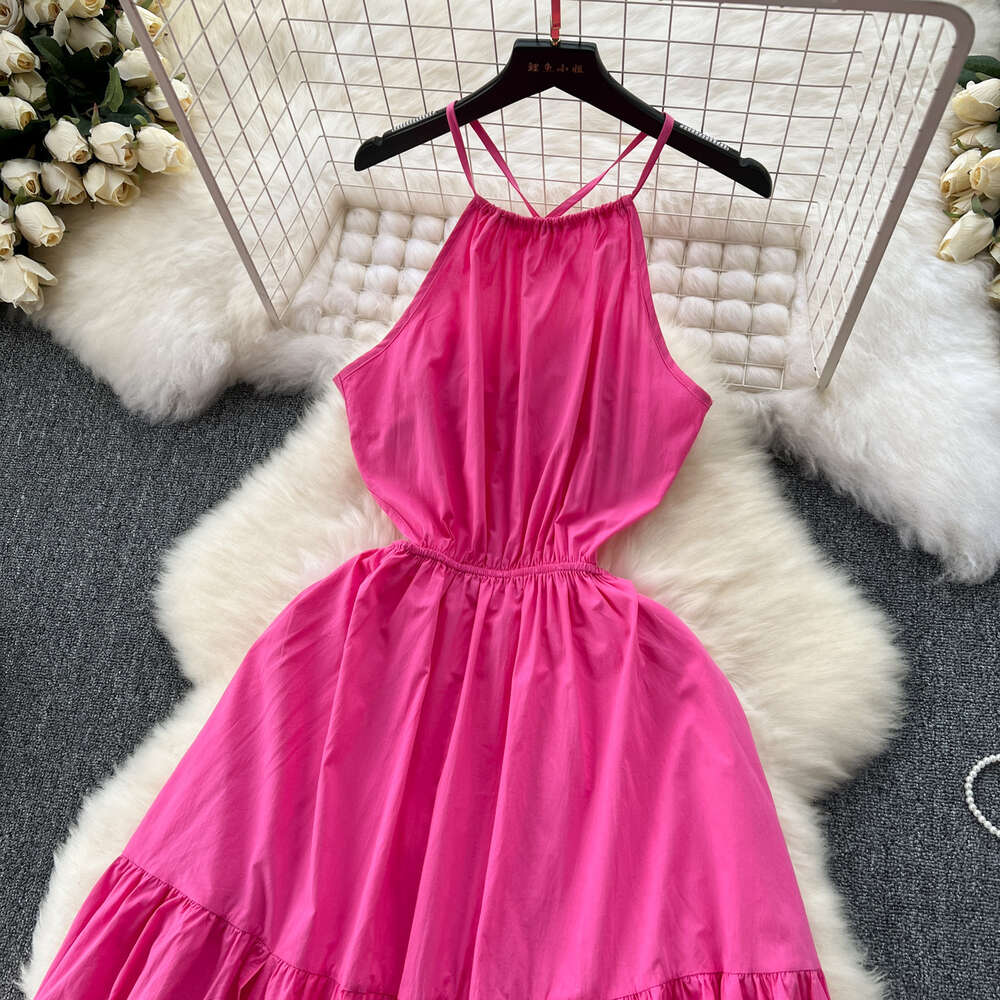 Design Sense Hanging Neck Strap Dress Womens Mind Machine Hollow Open Back Strap Slim Fit Mid length Ruffle Edge Fake Skirt