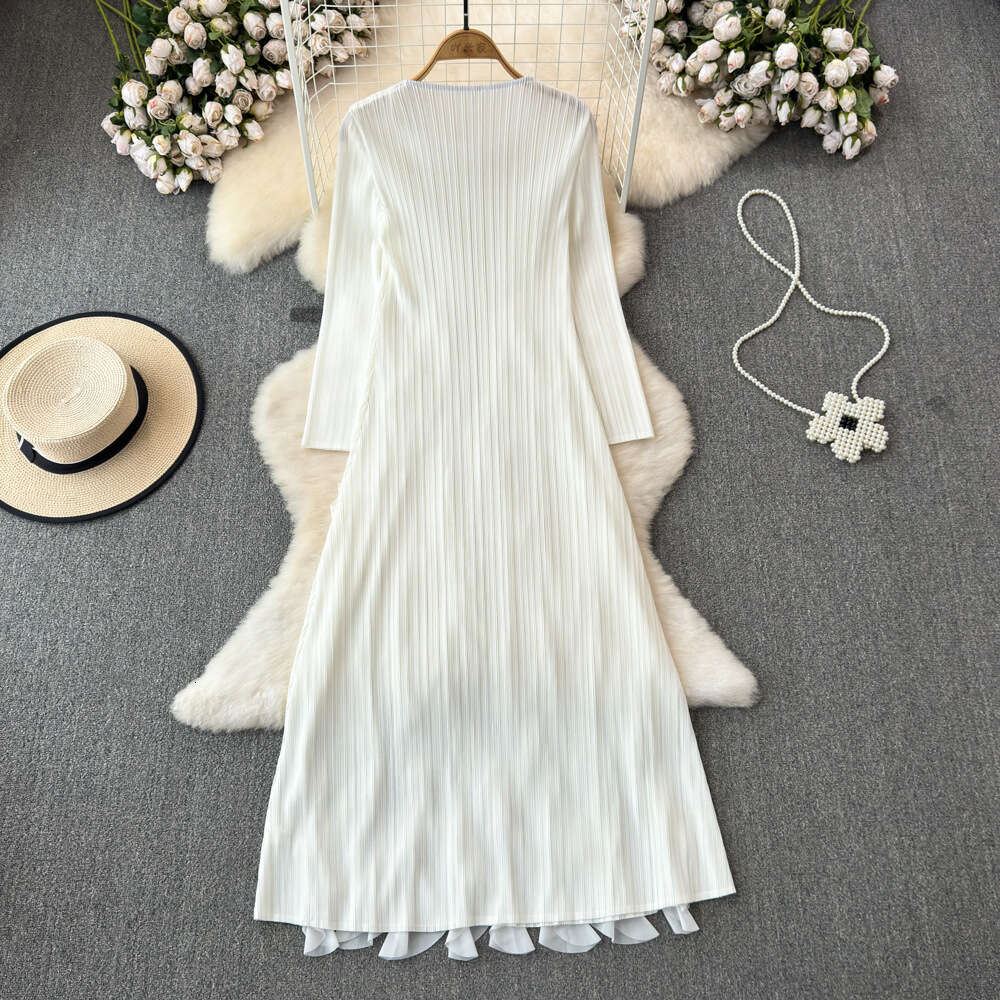 Spring and Autumn Fashionable Three Mansions Pleated Celebrity Style Long sleeved Round Neck with Ruffled Edge Slim A-line Dress for Women