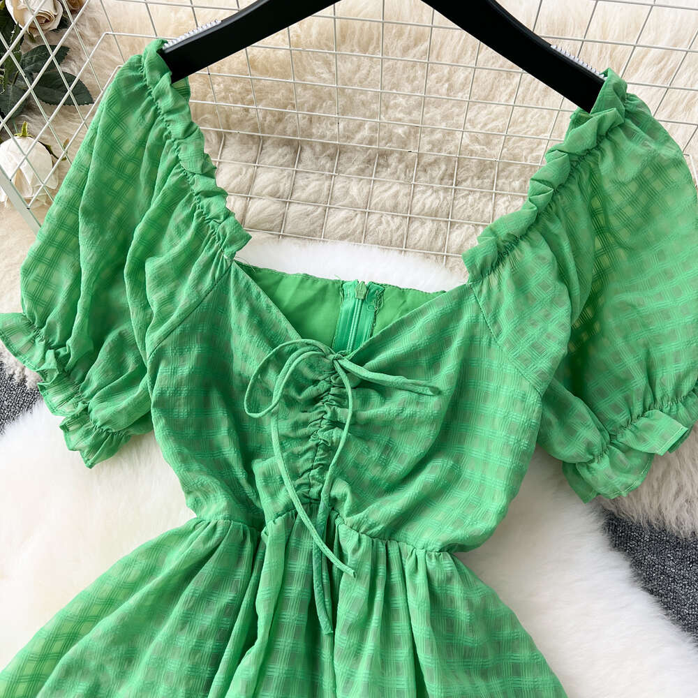Green dress womens sweet wooden ear edge bubble sleeves one line collar off the shoulder two piece French high-end holiday dress