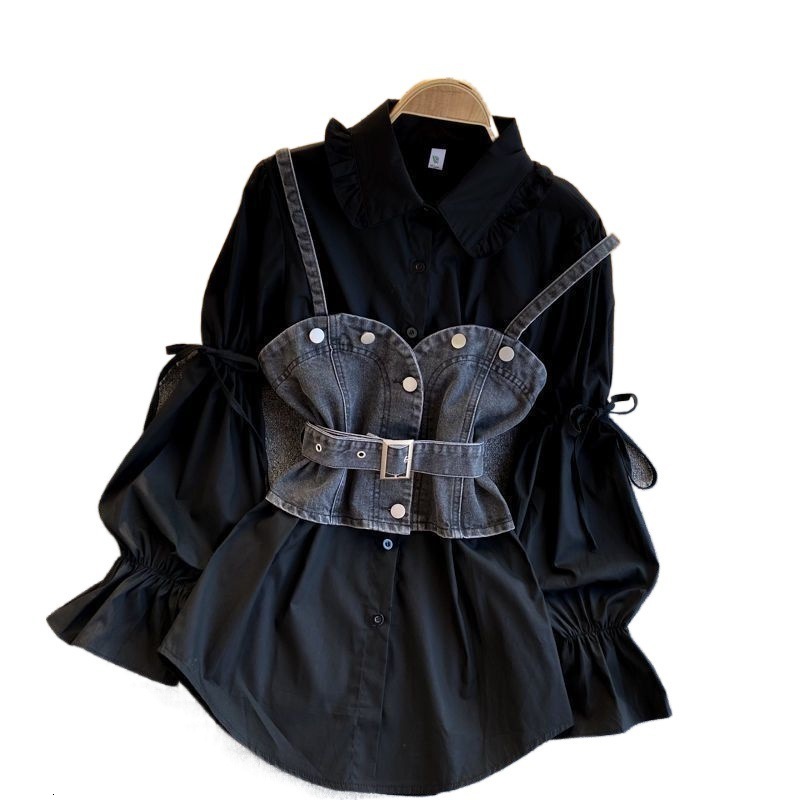 Neploe Korean Suit 2 Piece Set Loose Puff Sleeve White Blouse Tops Slim Waist Irregular Cowboy Vest Two Piece Outfits for Women 210422