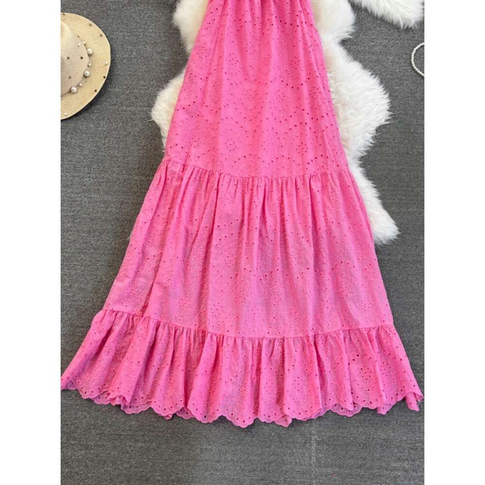 Summer Fashion Celebrity Style Hanging Neck Open Back Loose A-line Hollow Dress Beach Vacation Big Swing Long Skirt