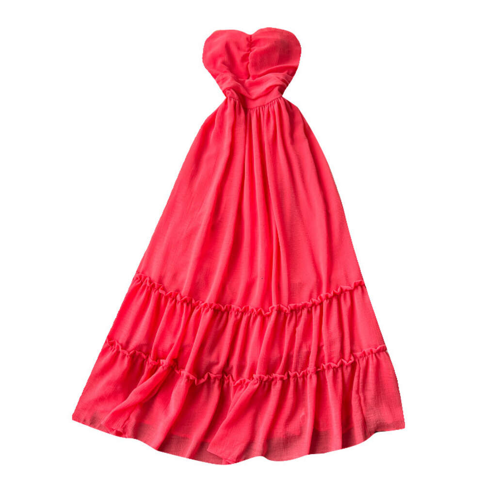 Sexy strapless vacation dress for women sweet bow tie waist cinching slim and long style with large hem and ruffle edge skirt