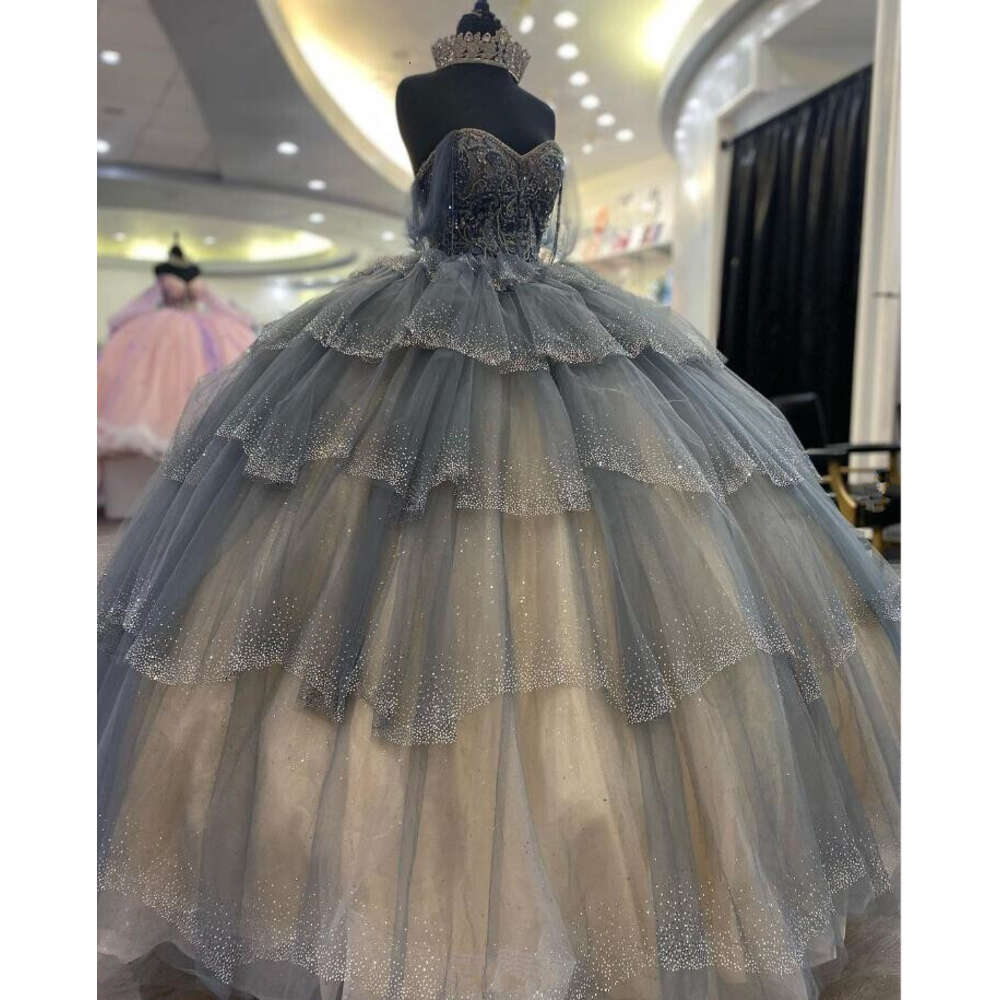 Grey Silver Princess Quinceanera Dresses Sparkly Crystal Beaded Corset Sweet 16 Vestido De 15 Anos Prom 0603