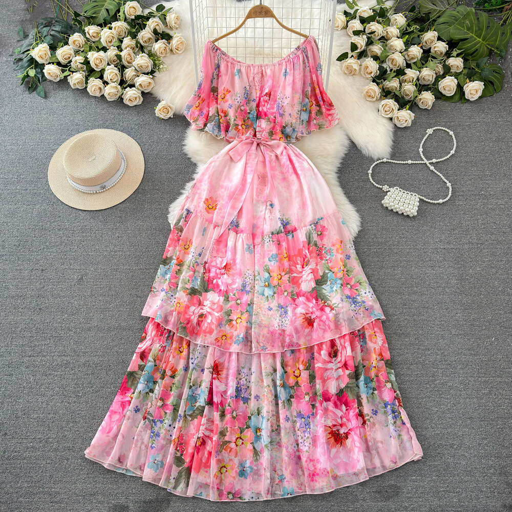 Fashionable and socialite temperament one shoulder off the shoulder waistband slimming appearance A-line cake print dress seaside vacation long dress