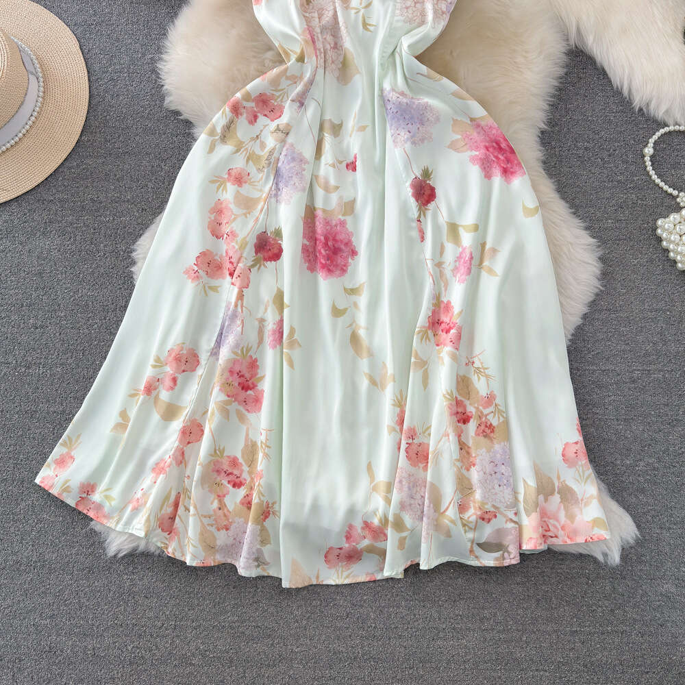 Gentle style neck hanging backless waist cinching slimming A-line large hem ruffled edge printed dress seaside vacation long dress