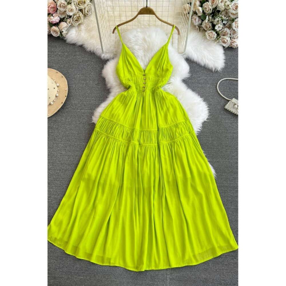 High end and socialite temperament V-neck backless waist cinched slimming A-line suspender dress seaside vacation big hem long skirt