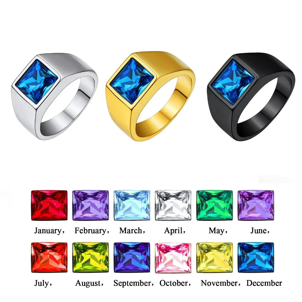 U7 Men Personalized Signet Rings Stainless Steel Ring with Rectangle Gemstone Birthstones Size 7-14 Gift for Him Dad Father 240530
