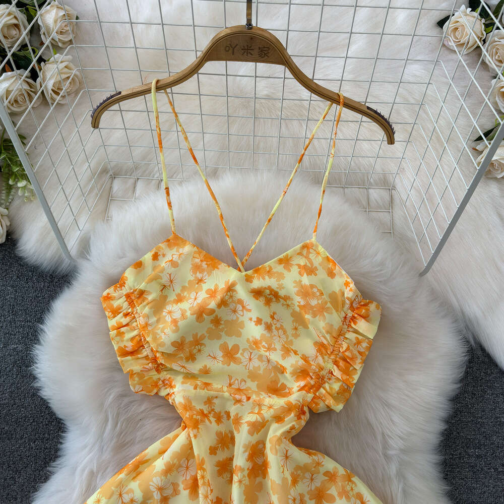 Beach resort style yellow floral dress summer fashion waist tightening slimming effect A-line backless strapless long dress