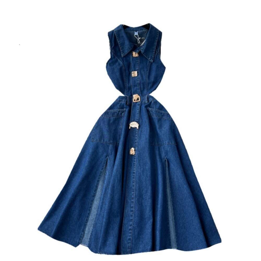 Chic denim dress womens design sense button cut hollow slim fit mid length slit over knee skirt