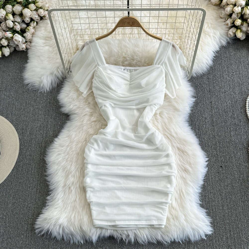 2023 Summer Fashion Sexy Celebrity Elegant Square Neck Waist Closed Slim Short Mesh Wrapped Hip Bottom Dress