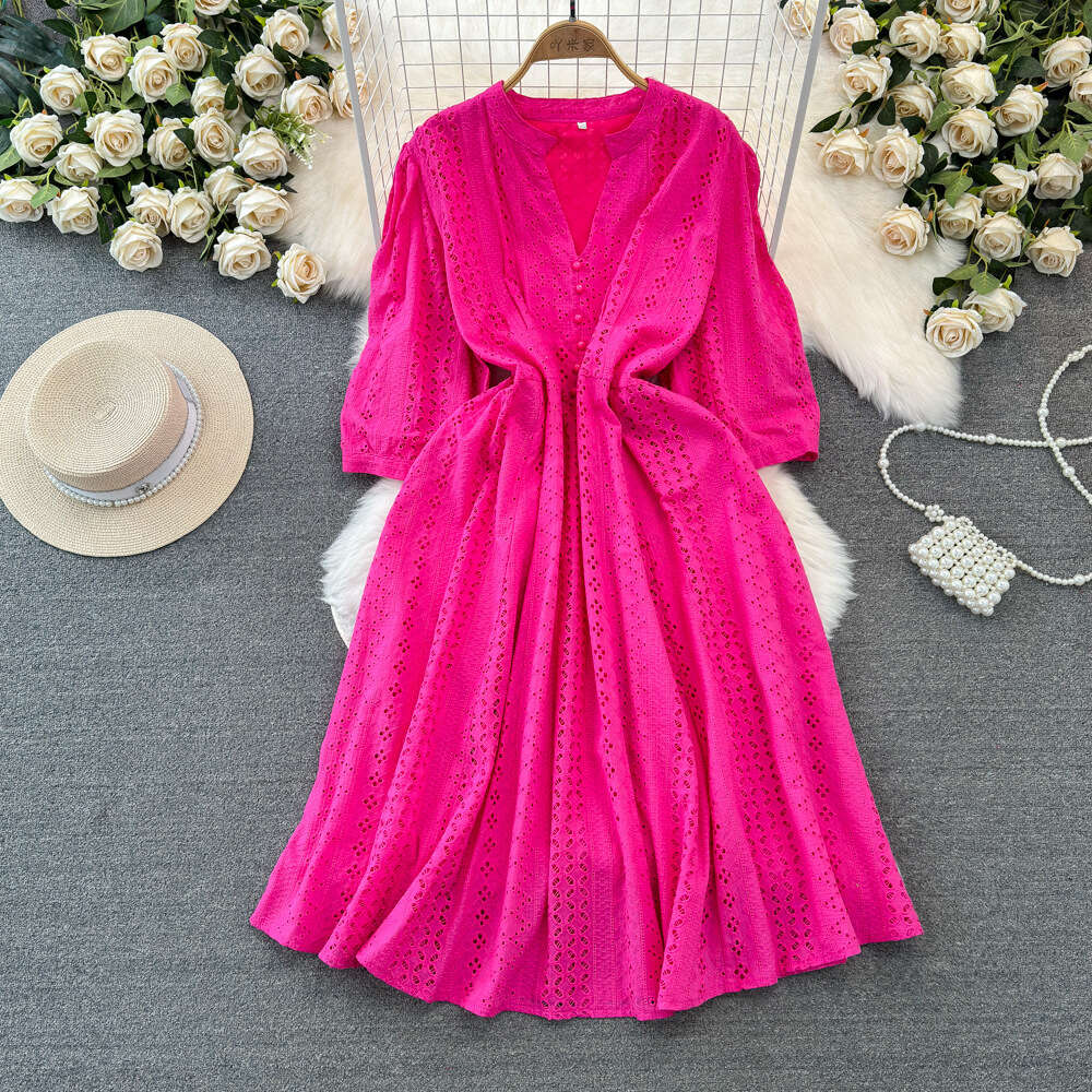 Spring and Autumn Celebrity Elegance Design Sense 5/4 Sleeves V-Neck Slim Waist Show Mid length Hollow A-line Dress