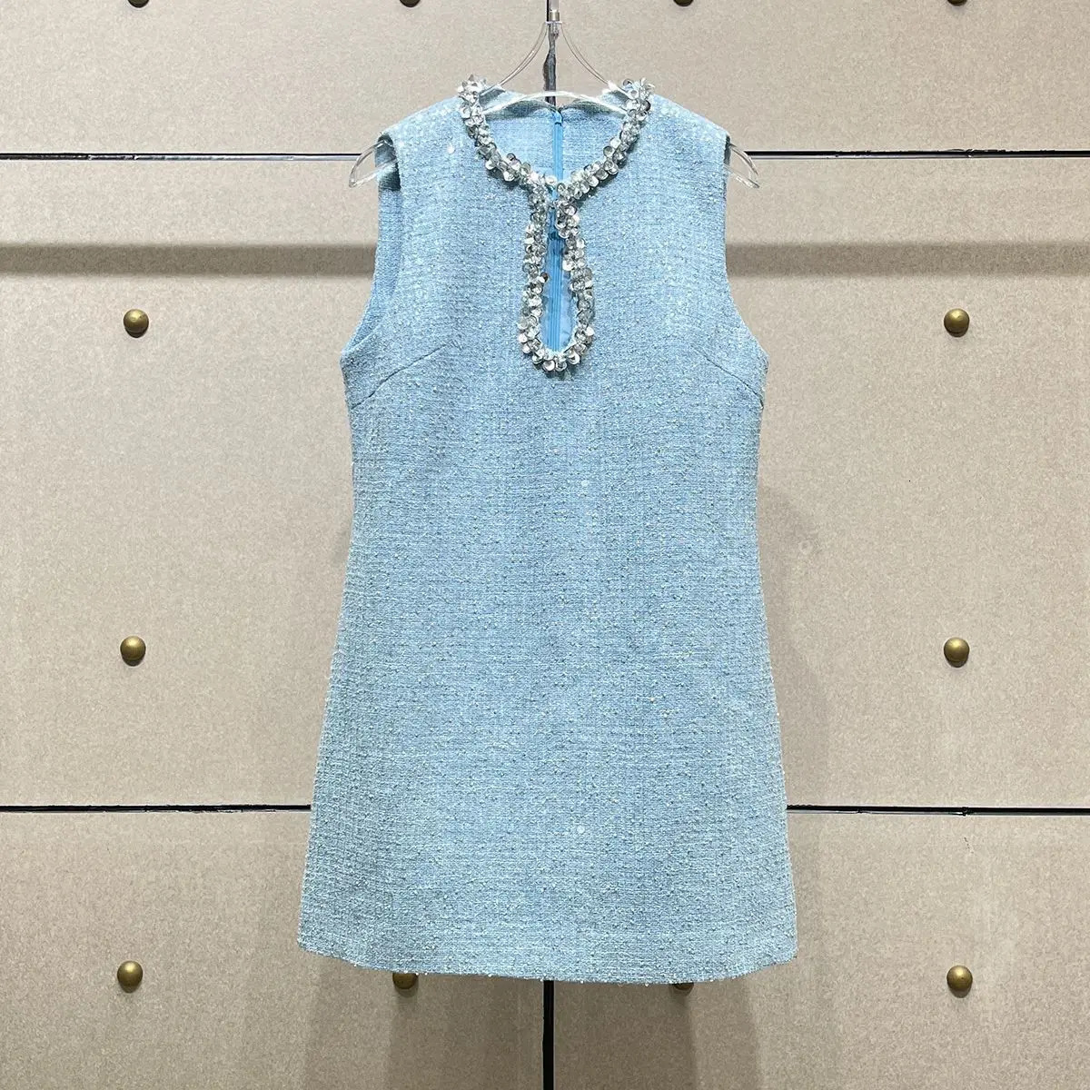 Diamonds Round Neck Sleeveless Tweed Sequins Womens dresses Light Blue Chic Sexy Hollow Out Short Dresses Spring 240529