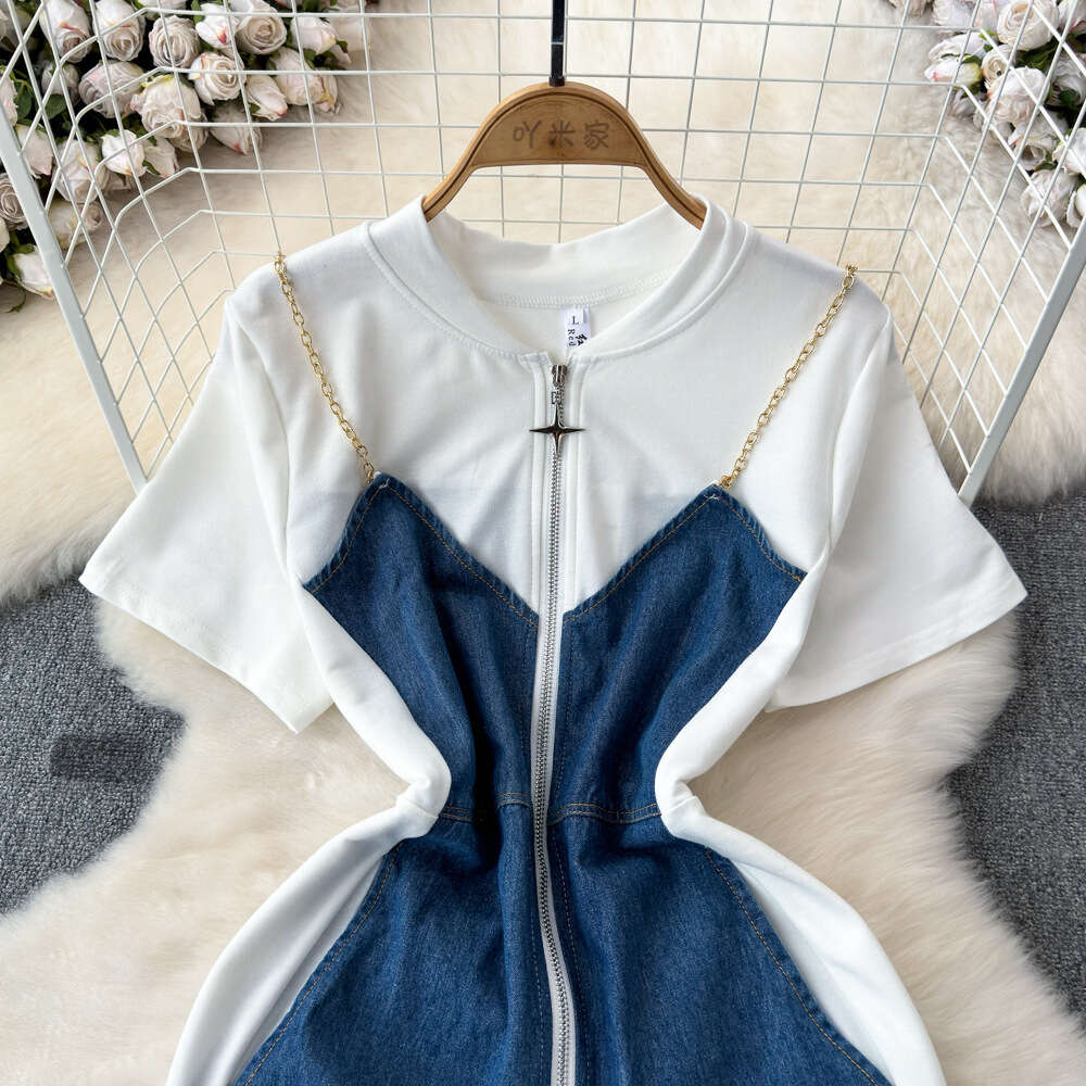 2024 Summer Korean Edition Fake Two Piece Contrast Color Short sleeved Round Neck Denim Spliced Waist Slimming A-line Slim Strap Dress