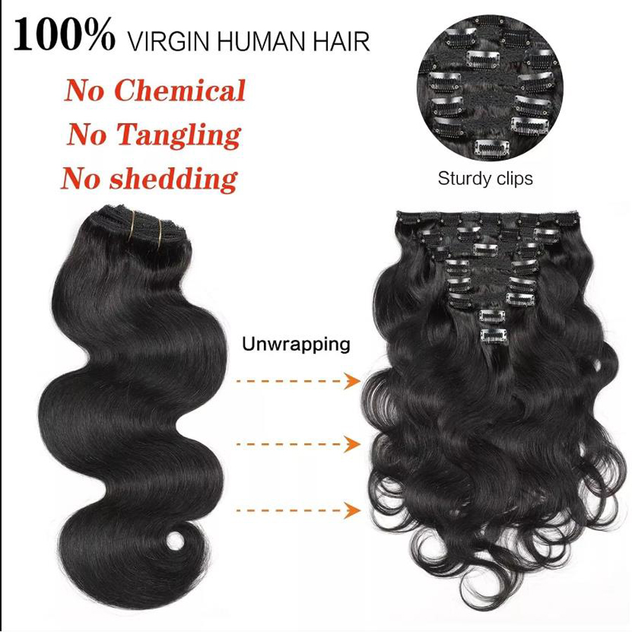 Remy Clip In On Hair Extensions Human Hair Extensions Body wavy Extra Thick Double Weft Natural Black Off Black 8pcs Full Head Weave Brazilian Hair