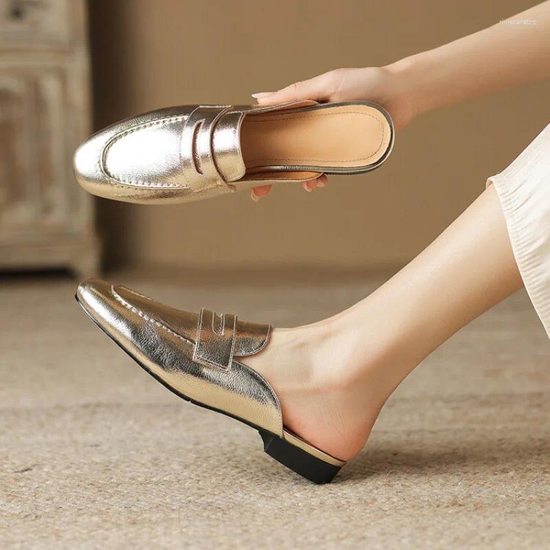 Slippers Ochanmeb Women Real Leather Mule Shoes Sier Gold Slip-on Penny Loafers Woman Genuine Flat Mules Spring Summer