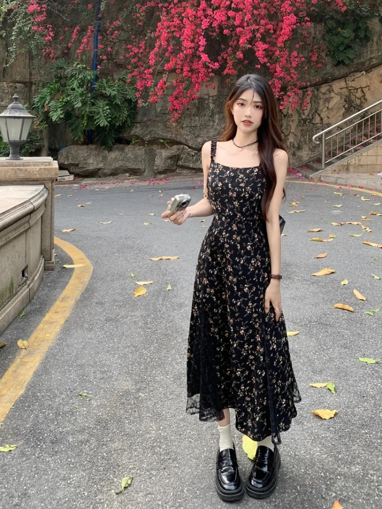 Deeptown Y2k Vintage Black Mesh Dress Women Korean Reviews Many Dresses Fairy Floral Summer One Piece Midi Slip Chiffon Vestidos 240601