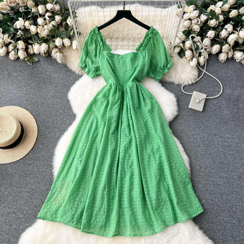 Green dress womens sweet wooden ear edge bubble sleeves one line collar off the shoulder two piece French high-end holiday dress