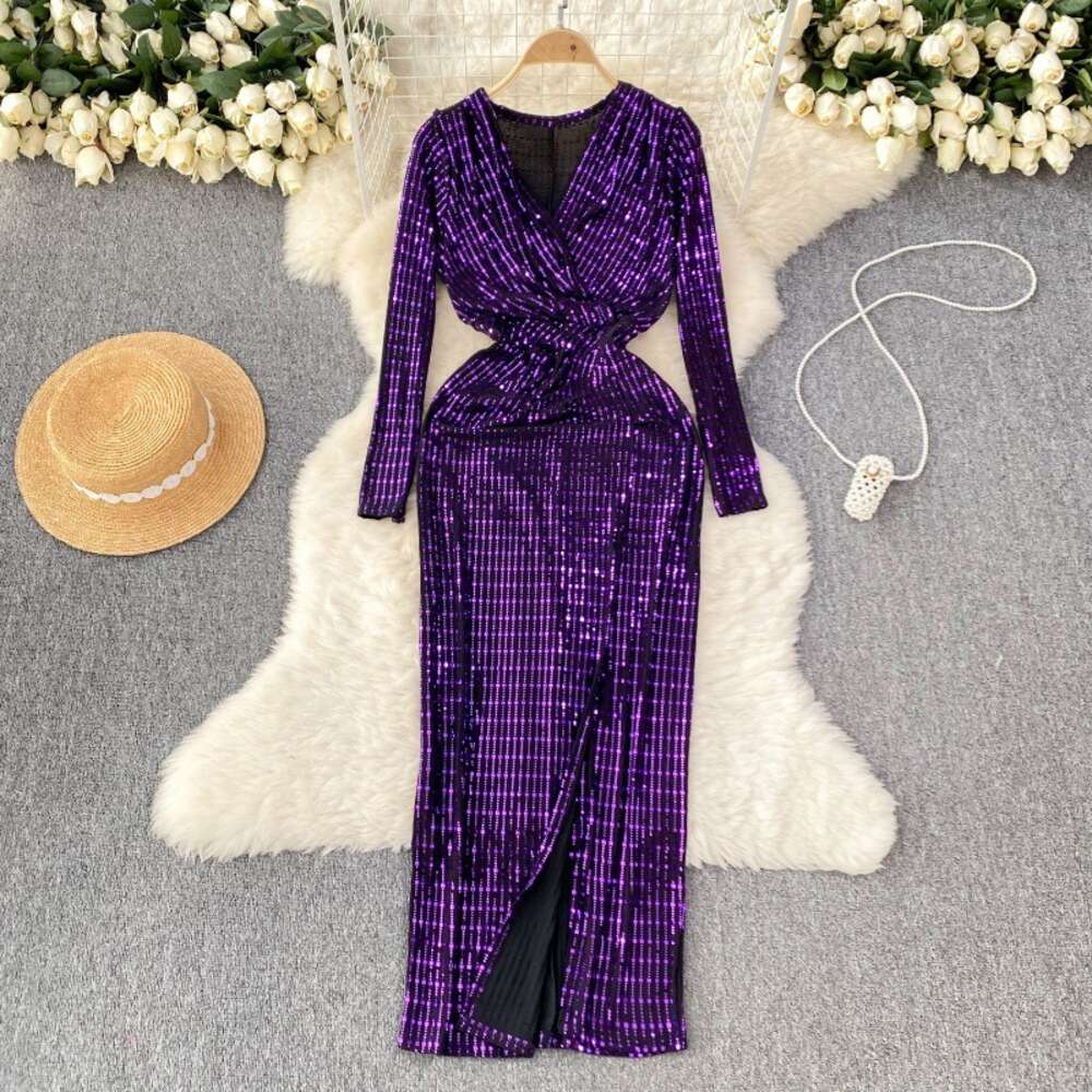 French Light Luxury Celebrity Style Luxury Dress Womens Autumn and Winter V-neck Split Design Small and Super Fairy Long Dress