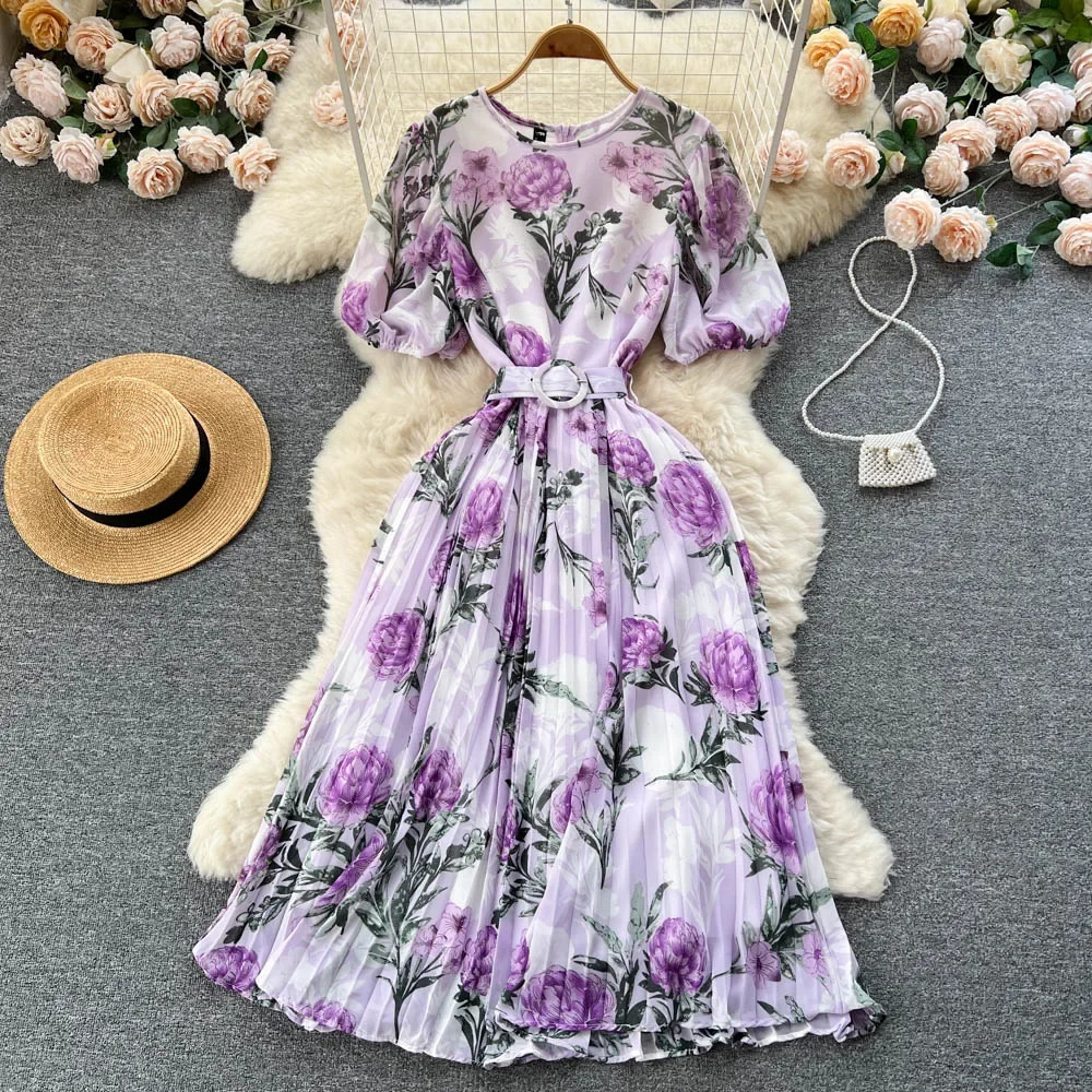 Summer Bohemian Women Tie Dye Printed Pleated Long Dress Boho O Neck Puff Sleeve High Waist Draped Maxi Vestido 240529
