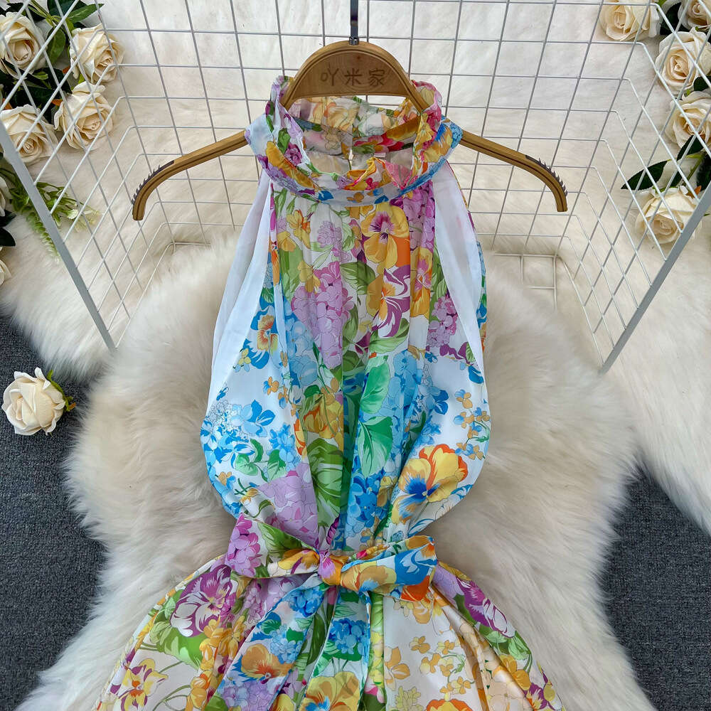 Fashionable bohemian beach skirt for seaside vacation hanging neck off shoulder waist slimming effect A-line printed large hem dress