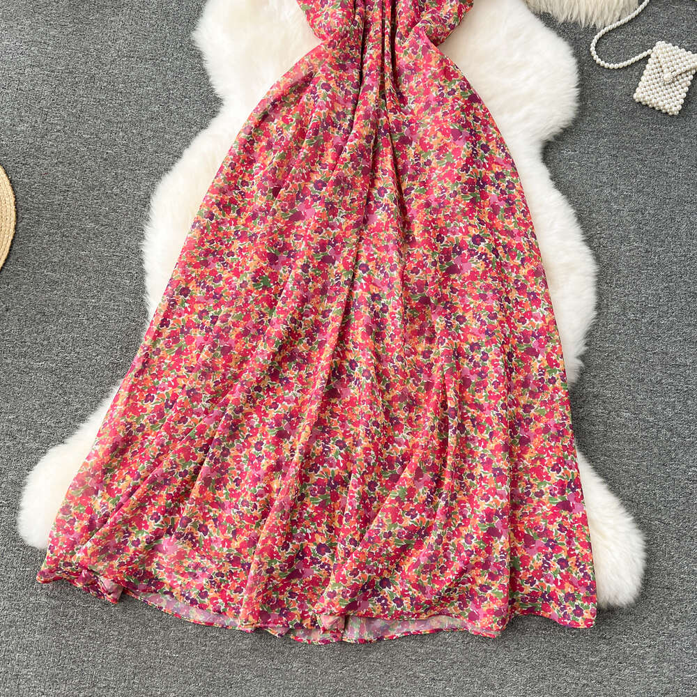 Tea break French style dress womens design sense three-dimensional flower hanging neck suspender skirt sexy strapless slim fit long floral skirt