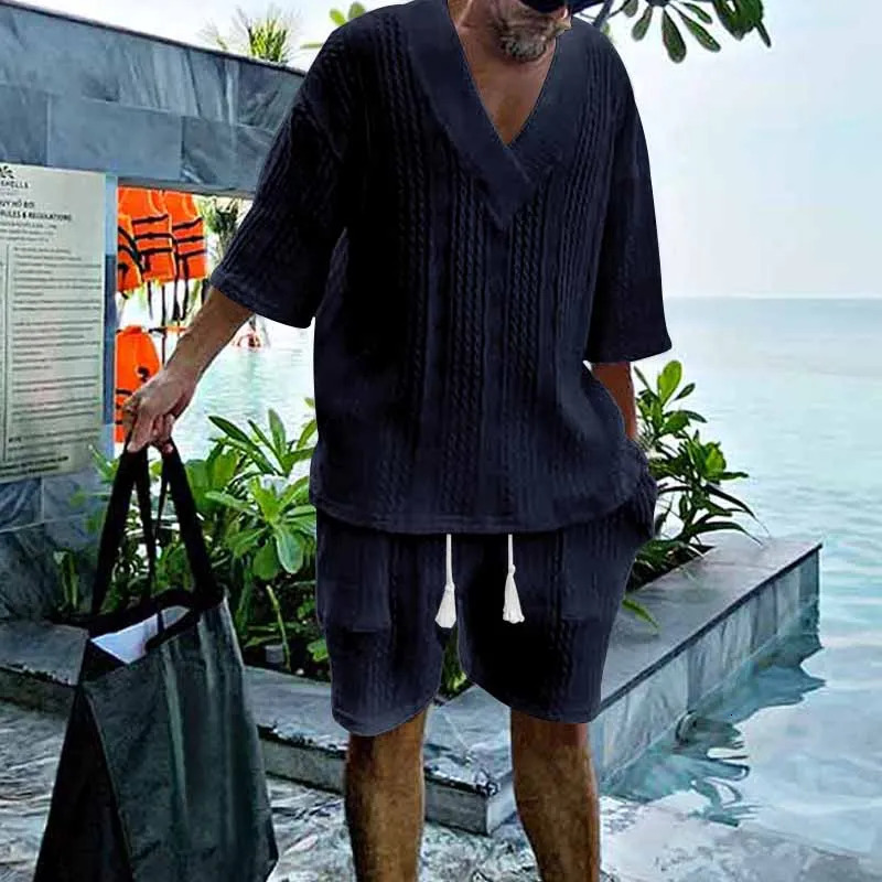 Spring/Summer European and American Casual Loose and Versatile Jacquard Knitwear Top Shorts Mens Set 240530