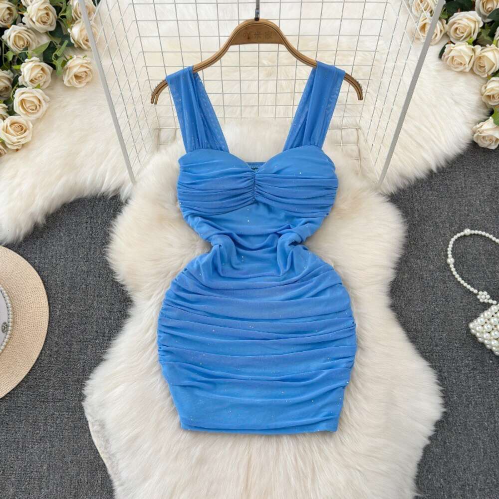 French temperament socialite sexy mesh suspender dress womens summer pleated waist slimming effect buttocks wrapped short skirt