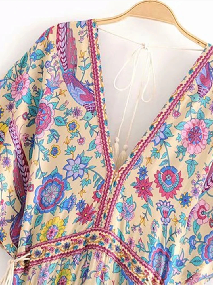 Vintage Chic Women Peacock Floral Print Bat Sleeve Beach Bohemian Maxi Dresses Robe Ladies V-neck Tassel Summer Boho Dress 240529