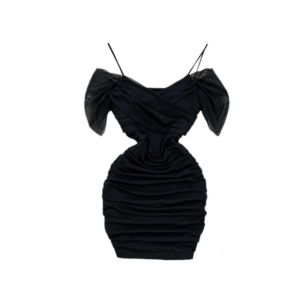Summer Korean Fashion Sexy Nightclub V-Neck Waist Slim Fold Short Mesh Wrap Hip Strap Dress for Women