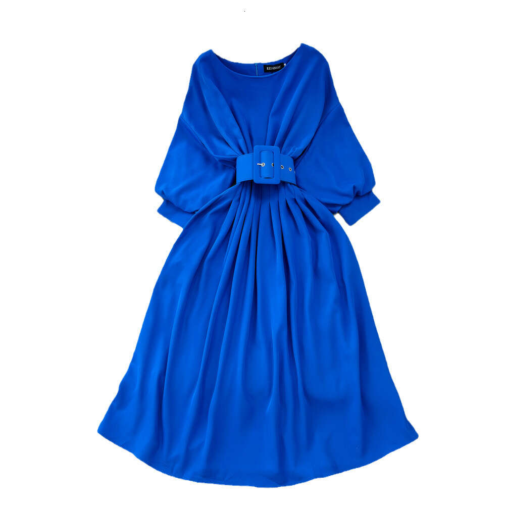 Fashionable and high-end socialite temperament bat long sleeved round neck waist cinched slimming A-line large hem dress elegant long skirt