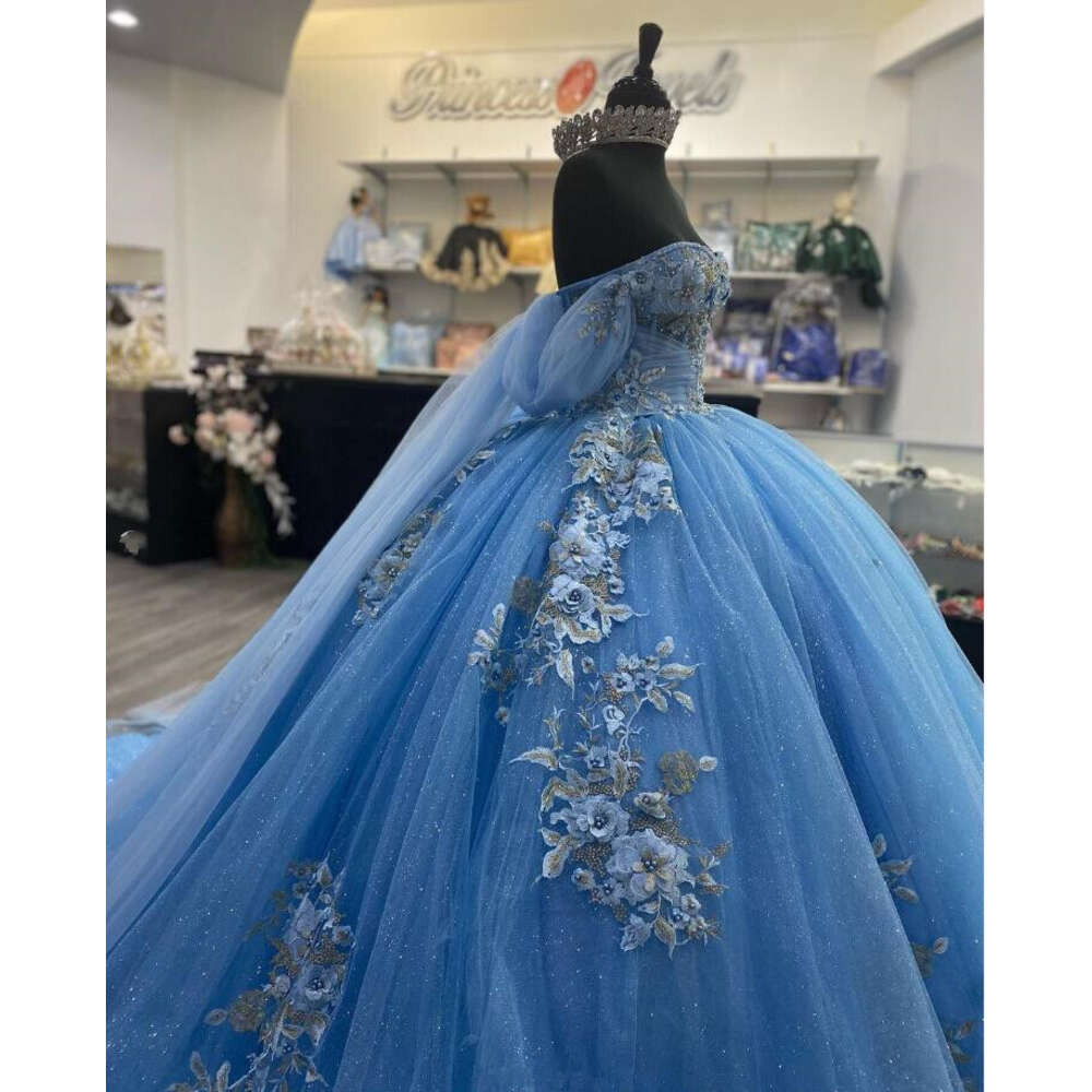 Blue Off Sky Shoulder Quinceanera Dresses Princess 3D Ral Applique Corset Vestidos De 15 Anos Con Mangas Sweet 16 0603