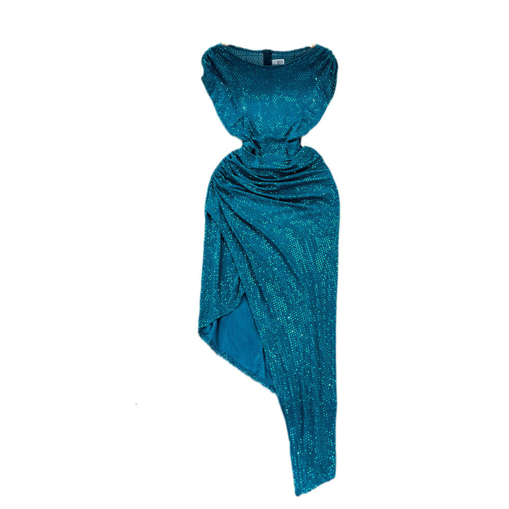 Feminine and socialite temperament sleeveless round neck waist length irregular sparkling sequin wrapped buttocks dress