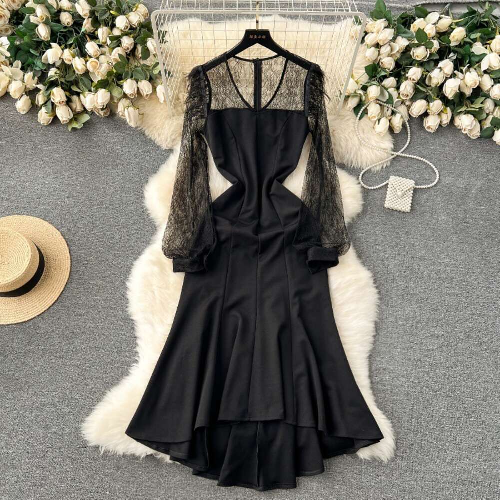 Light mature style womens clothing sexy perspective lace bubble sleeve patchwork slim fit mid length taildress dress for women