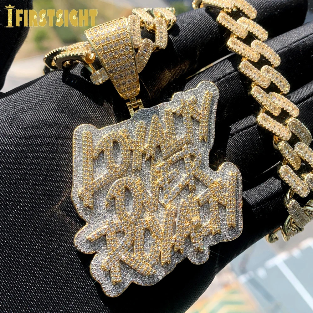 Iced Out Bling CZ Letter Loyalty Over Royalty Pendant Necklace Cubic Zirconia Two Tone Color Charm Men Women Hip Hop Jewelry 240531