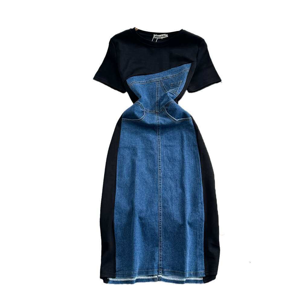 Summer Korean Fashion Fake Two piece Short sleeved Round Neck Waist Slimming Mid length A-line Spliced Denim Dress for Women