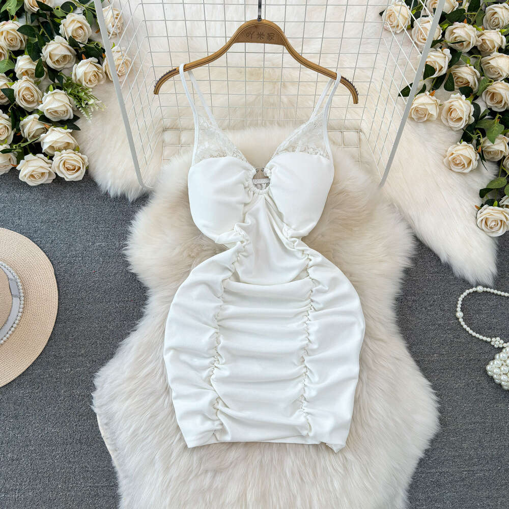 Summer Fashion Sexy V-neck Low cut Lace Splice Tight and Slimming Wrinkle Wrapped Hip Bottom Suspended Dress for Women